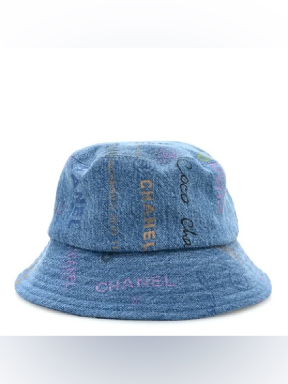 Chanel 22P Blue Black Pink Denim Graffiti CC Logo Sun Cloche Bucket Hat Medium L